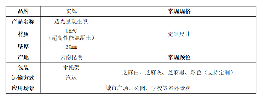 透光坐凳規(guī)格說明